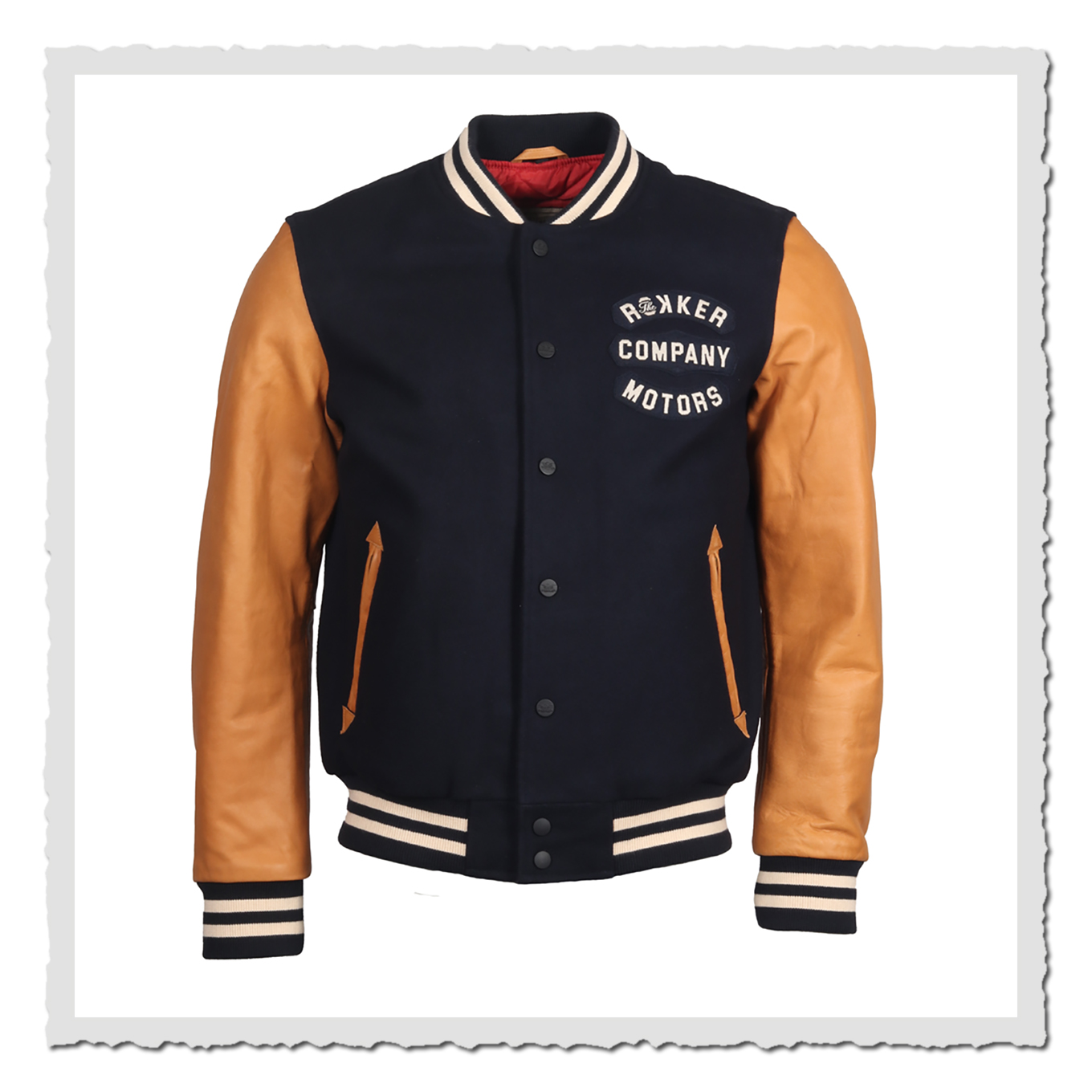 Collegejacke in Navy mit braunen Ärmeln, Frontansicht freigestellt vor weißem Hintergrund, Druckknopfleiste sichtbar.